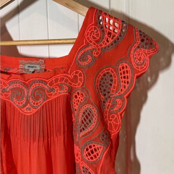 Isato- Anthropologie-Coral Viscose Embroidered Sheer Blouse - Picture 2 of 8